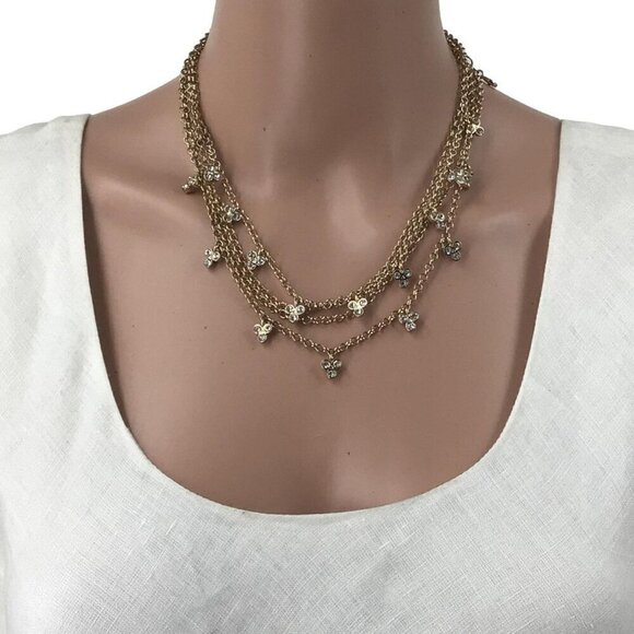C 1946 Necklace Triple Strand Gold Tone Rhinestone Accents Adjustable - Picture 2 of 2